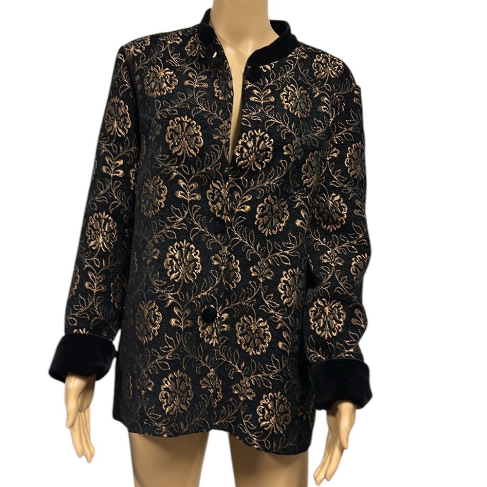Laura Ashley Black Bronze Tapestry and Velvet Button Up Peacoat Jacket Womens L